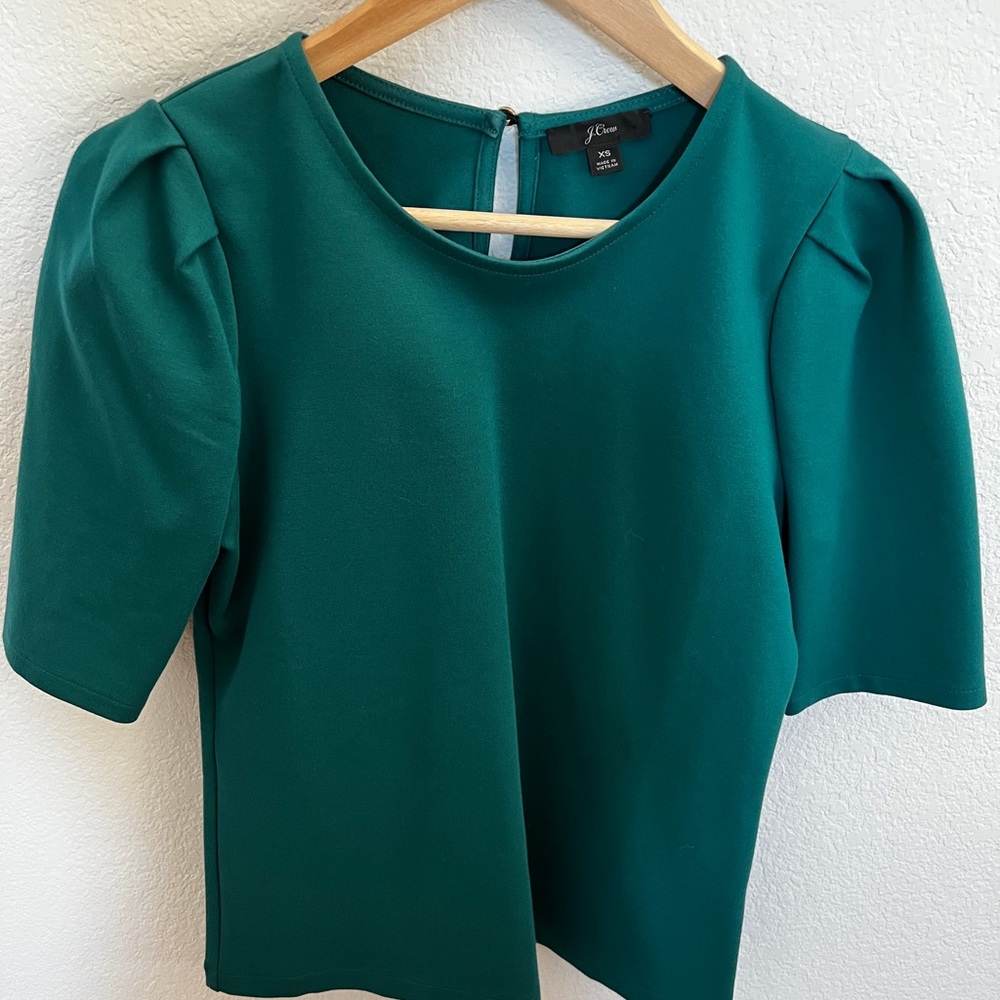 J Crew green puff sleeve dark green top XS